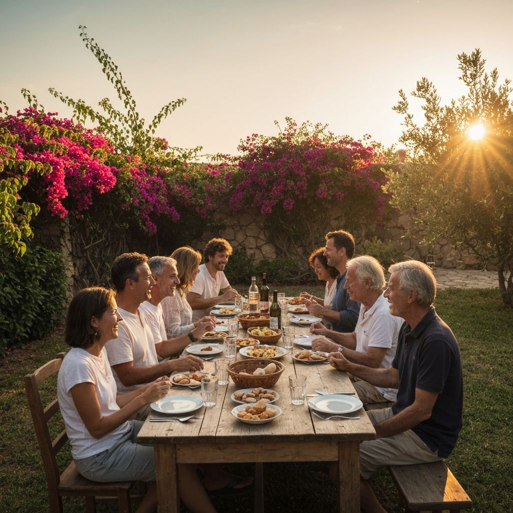 Obiteljsko večernje jelo na otvorenom uz prirodnu svjetlost